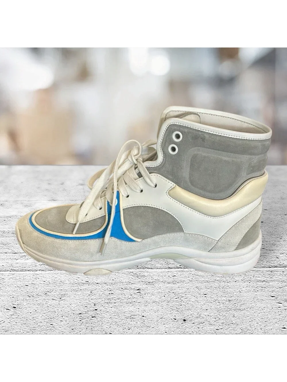CHANEL BLUE, WHITE, GREY HIGH TOP TRAINER SNEAKER SIZE 39 G33726
